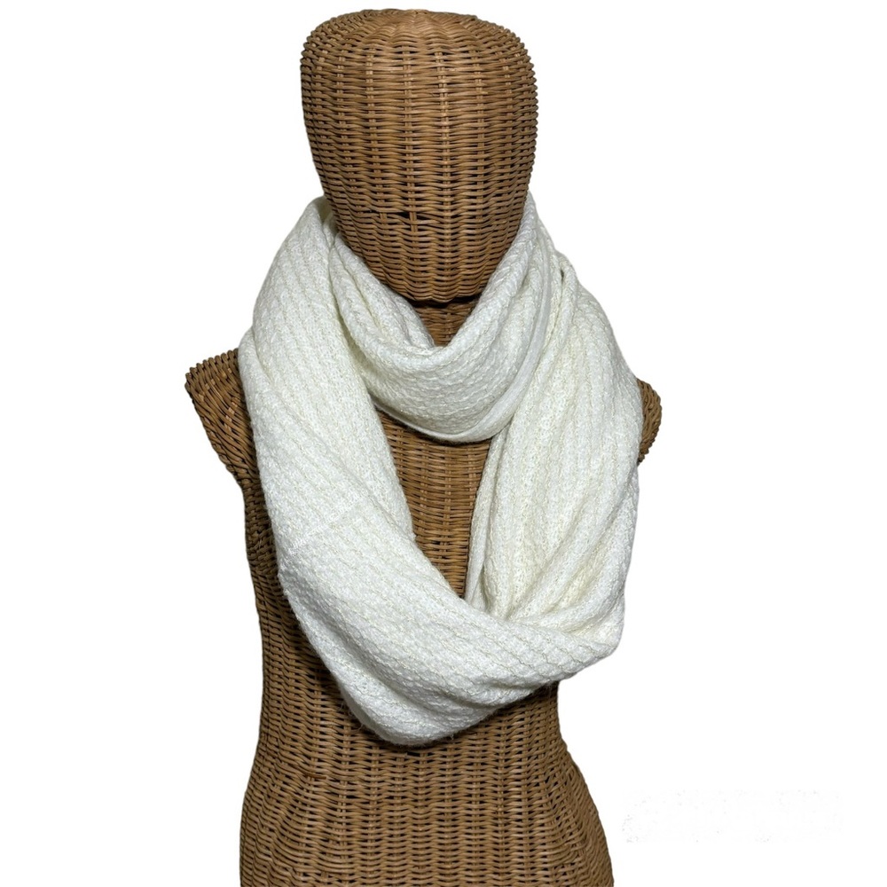 Calvin Klein white with metallic threading infinity scarf. Gold bar logo.